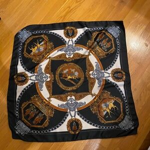 Classic Equestrian Print Square Scarf – Black, Gold & Ivory